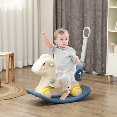 Cheval à bascule 4 en 1 pour tout-petits de 2 à 5 ans Qaba, tour de bébé à cheval avec poignée amovible et planche d'équilibre, cadeau d'anniversaire pour enfants à cheval pour garçons et filles, bleu