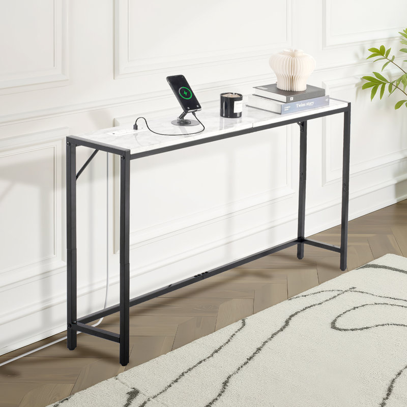Marble Console Table Modern Narrow Long Console Table with Power Outlet