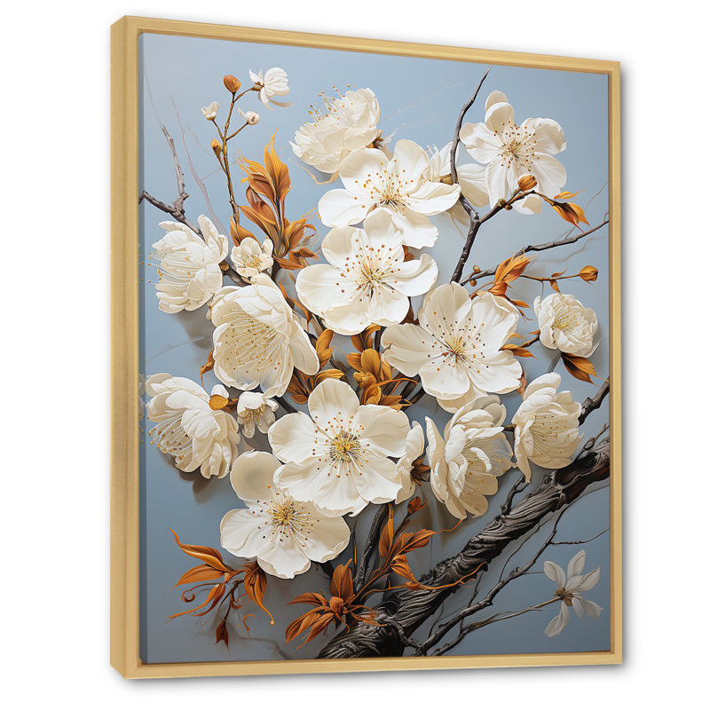 Minimalisme blanc et bleu cerisier en fleurs II sur toile, Cadre naturel flottant, H 32 po x l 16 po