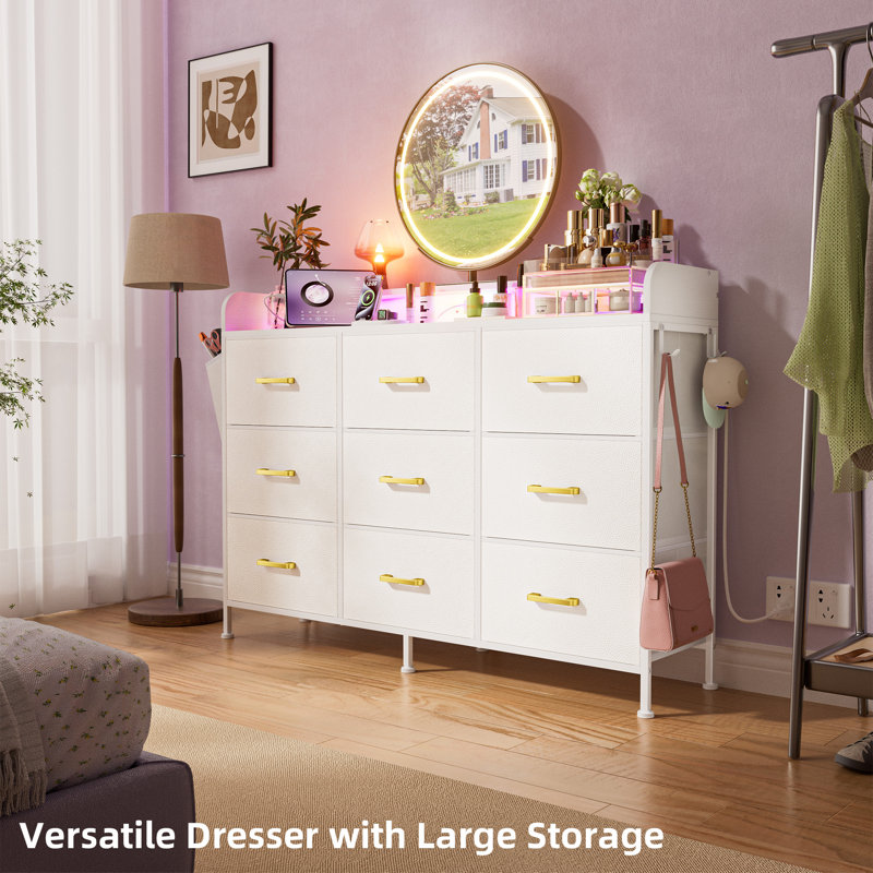 White Dresser for Bedroom with LED Light Charging Station, 9-Drawer Storage Organizer TV Stand White