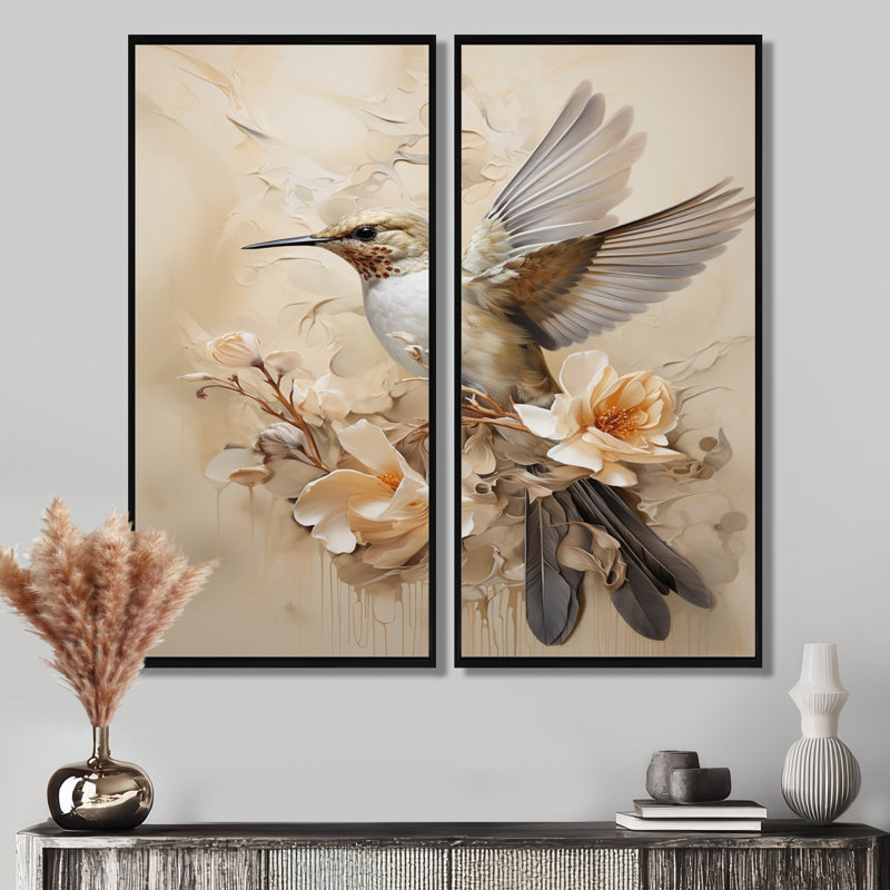 «Fluttering Floral Hummingbird - Hummingbird Wall Art, Beige Animals», ensemble de 2 impressions sur toile, Noir