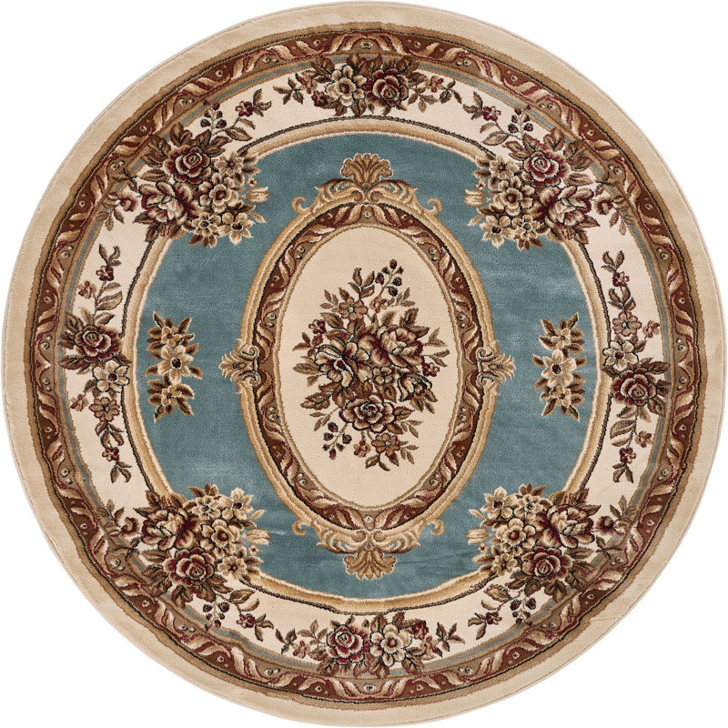 Tapis bleu clair tissé à la machine Pickett, Rond 5 pi 3 po