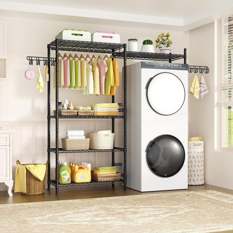 Over The Washer And Dryer Storage Shelf With 5 Wire Shelves And Hanging Rod, Laundry Room Space Saver Organizer Rack For Towels And Clothes