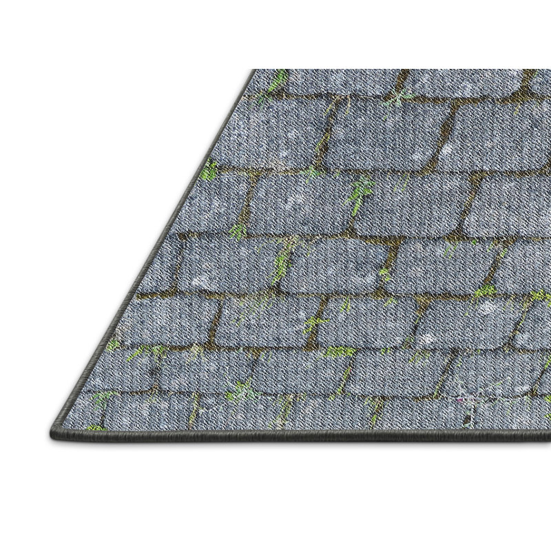 Tapis bleu géométrique en laine et polyester tissé à la machine, Rectangle 5 pi x 7 pi