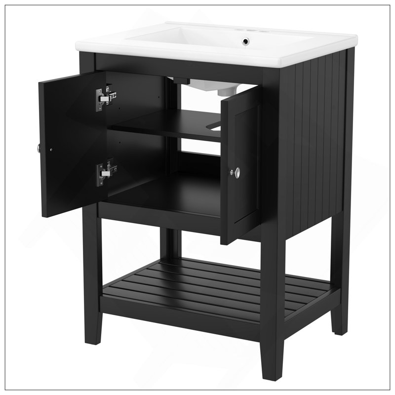 Lavabo de salle de bain moderne élégant en céramique 24 po avec tablette ouverte en bois massif, Noir / argenté