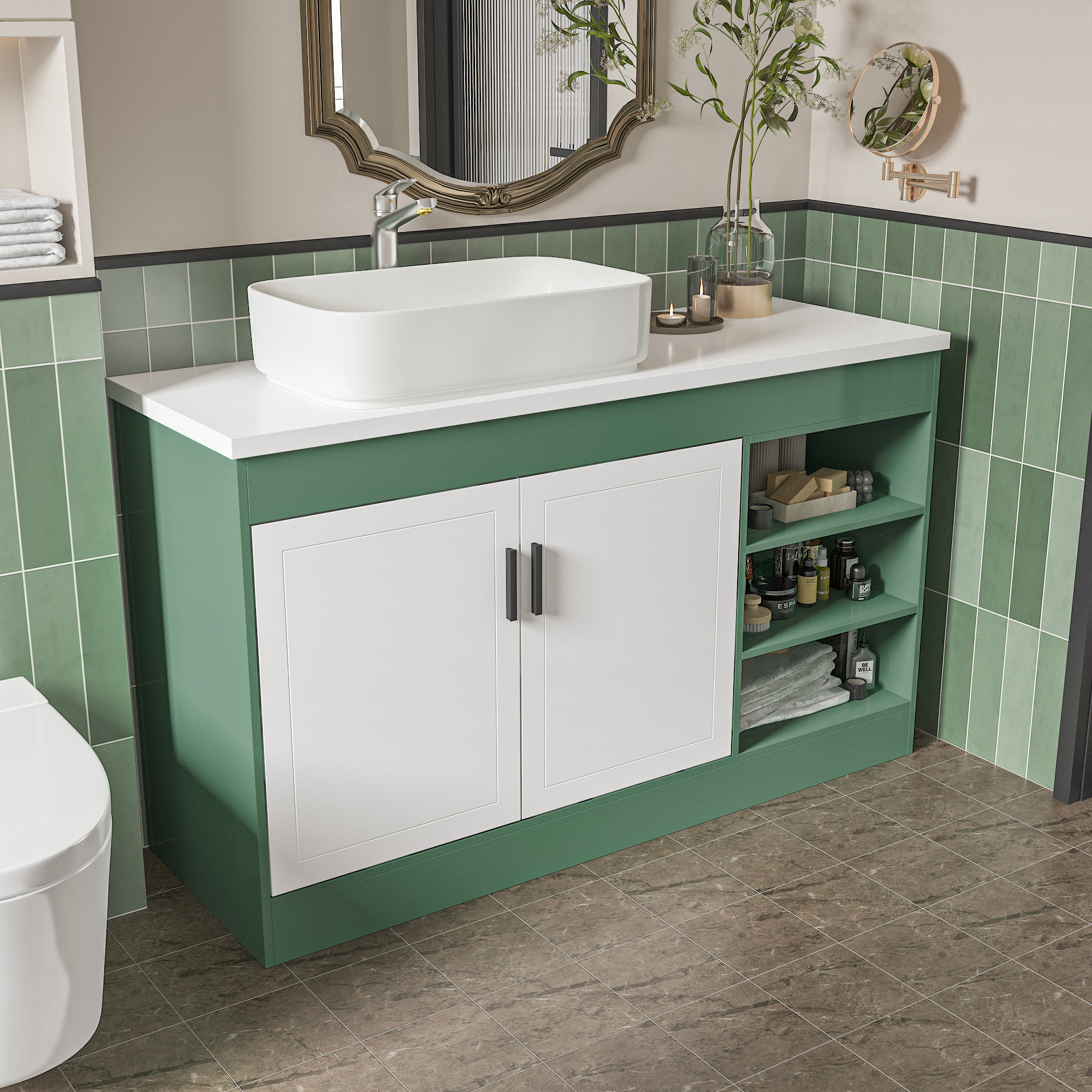 Ebern Designs Green Bathroom Vanity With Two Doors And Three Shelves