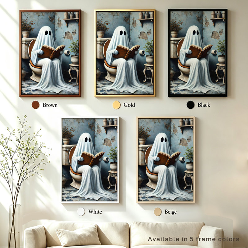 Fantôme d'Halloween lisant un livre sur les toilettes, tableau sur toile encadré, cadre marron, 61 x 91 cm, 24x36, Brown