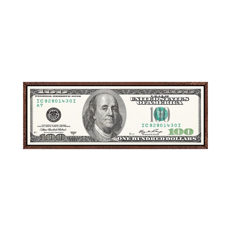 One Hundred Dollar Bill - Panoramic Print on Canvas, 40.64cm H x 121.92cm W x 3.81cm D, Brown Framed