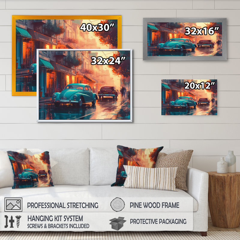 «Blue and Orange Art Deco Cityscapes Unveile», reproduction sur toile encadrée, Cadre photo noir, H 12 po x l 20 po x P 1 po