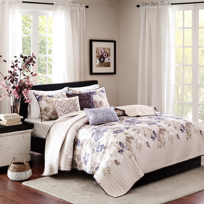 Couette 6 pièces pour lit double/queen, taupe, motif floral aquarelle, réversible en microfibre, respirante et confortable, avec coussins décoratifs.