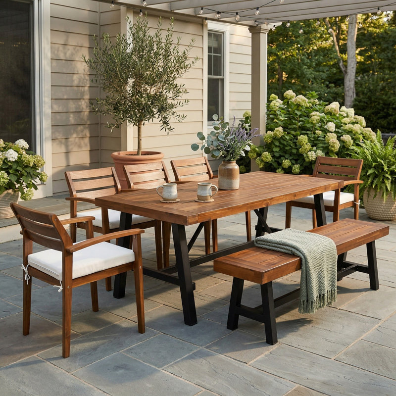 7 Pieces Patio Dining Set Outdoor Furniture Set with Dining Table, Bench, Chairs