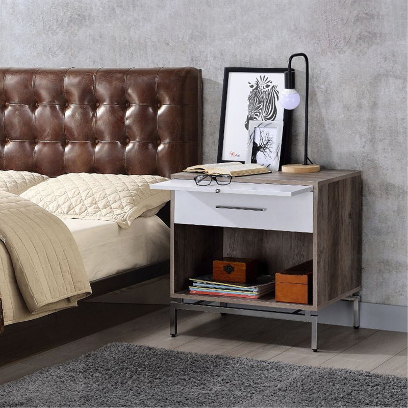 Table de chevet 1 tiroir avec tablette ouverte, chêne gris vieilli et blanc