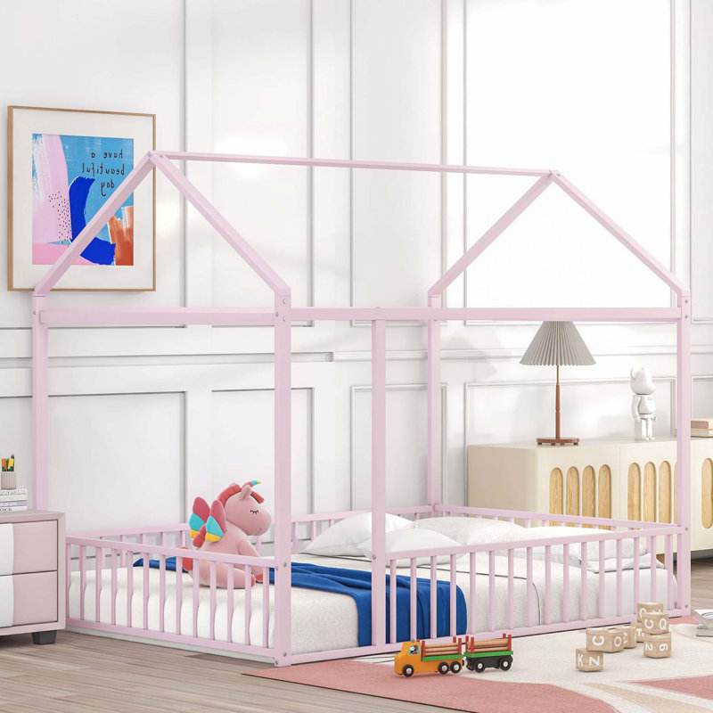 Structure de lit pleine grandeur en métal avec clôture, pour enfants, adolescents, filles, garçons, rose