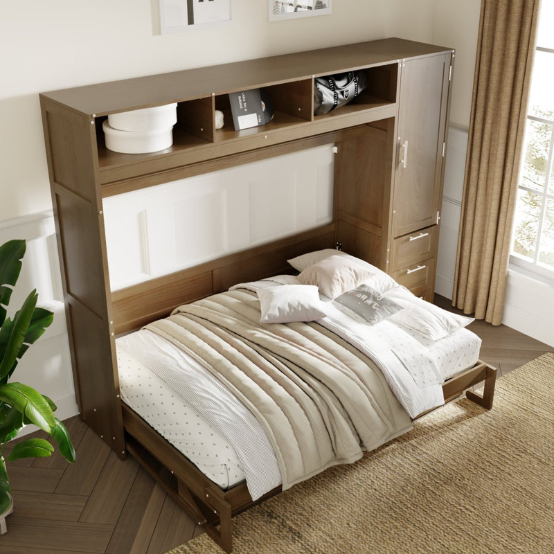 Lit escamotable double avec garde-robe, tiroirs et tablettes ouvertes, bois antique