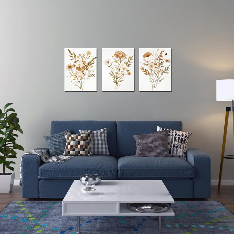 Art mural neutre beige bohème floral (16 po x 24 po x 3 pièces), art minimaliste sur toile de fleurs sauvages