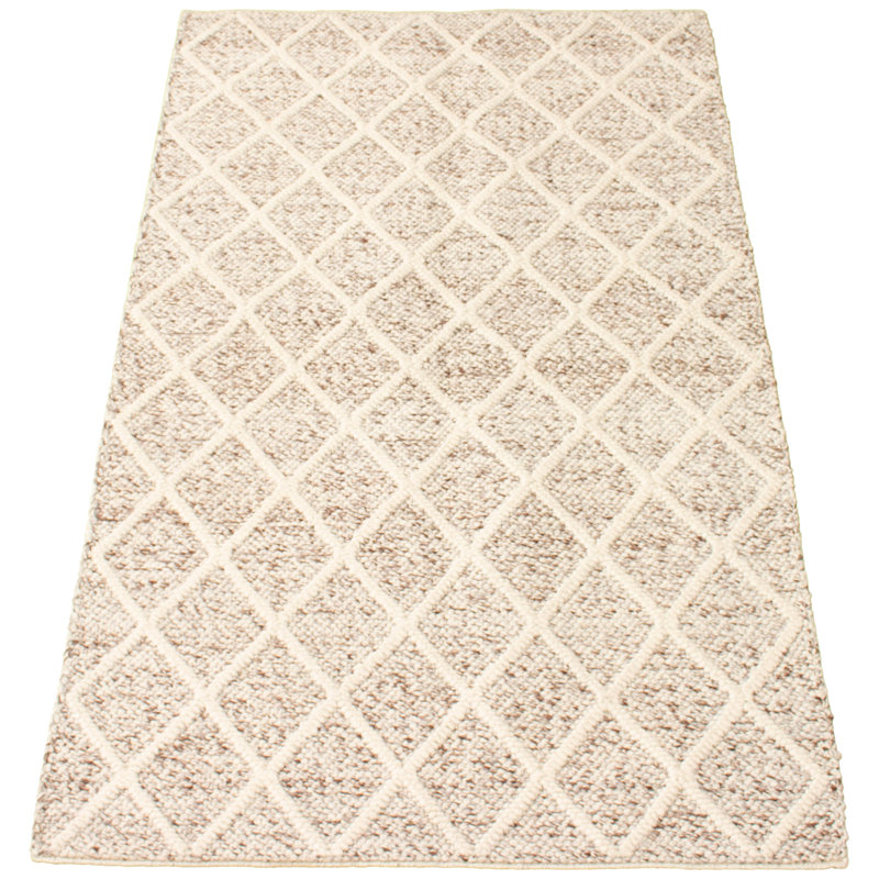 Tapis géométrique en laine tressé à la main ivoire / brun clair
