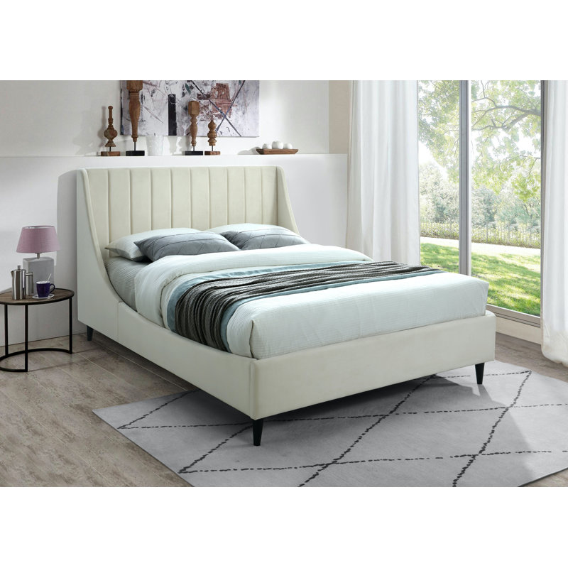 Eva Upholstered Low Profile Platform Bed, King, Cream Velvet
