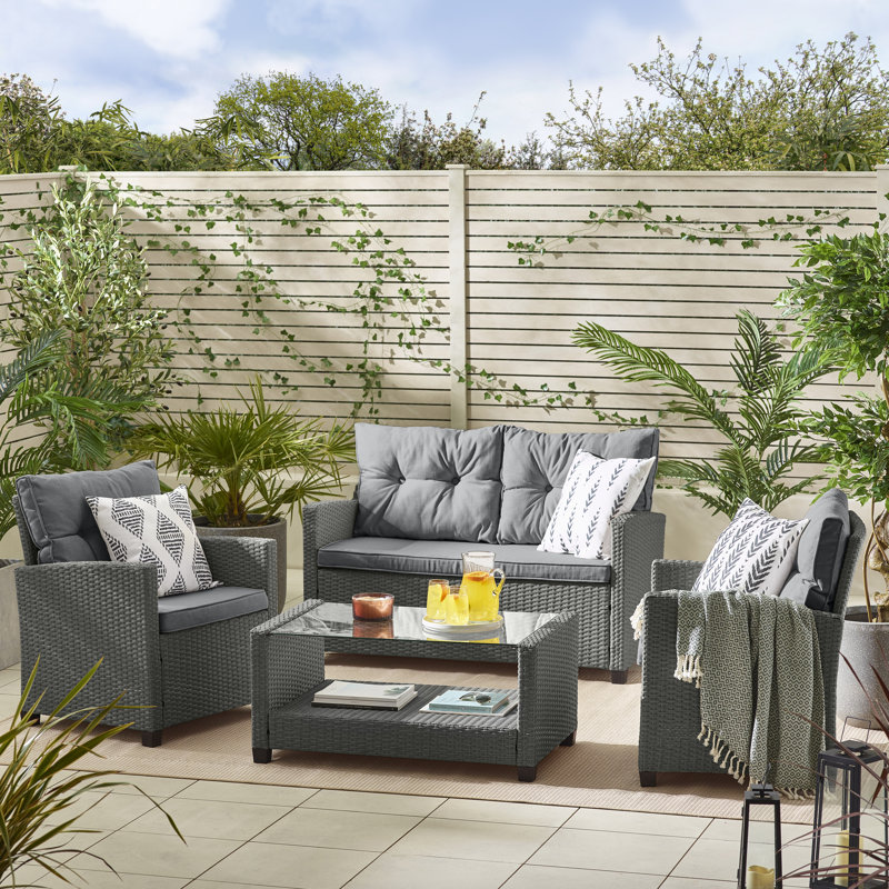 Ariona 4 Seater Rattan Garden Sofa Set & Coffee Table - Boho Design with Cushions (Cover Included), Grey