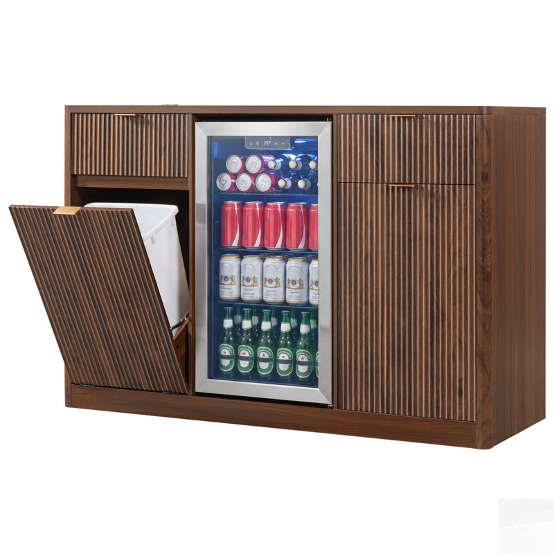 Armoire à café avec espace réfrigérateur et poubelle inclinable, mini armoire à vin avec rangement / station de charge, buffet cannelé avec support en verre pour la salle à manger