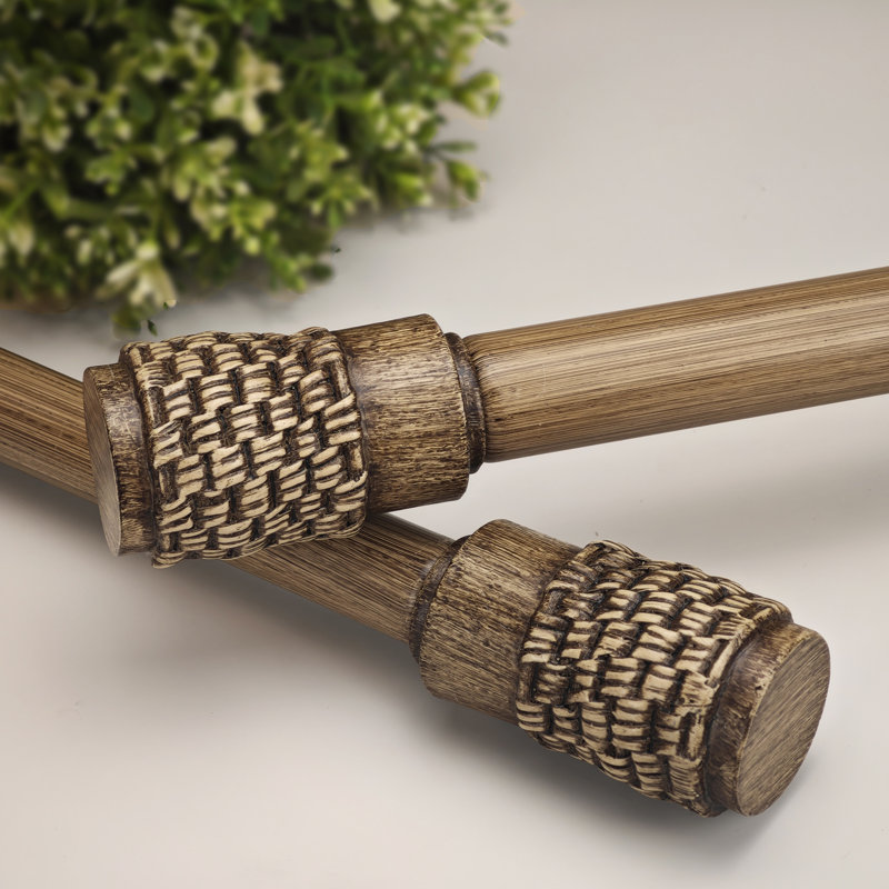 Tringle à rideaux simple réglable avec fleuron en rotin tissé et bambou, 37" - 72"