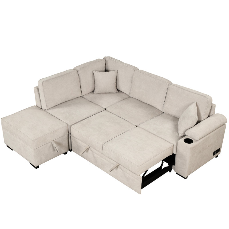 Lit beige avec rangement et fonction 2 en 1, 85,93 po pour salon, chambre à coucher, petit appartement, Lin beige
