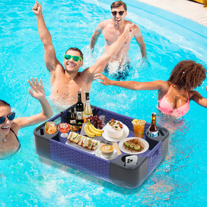 Square Rattan Floating Serving Tray Floating Drink Tray or Decorative Tray, Blue, 35.43"W x 23.62"D x 6.49"H, Rectangle