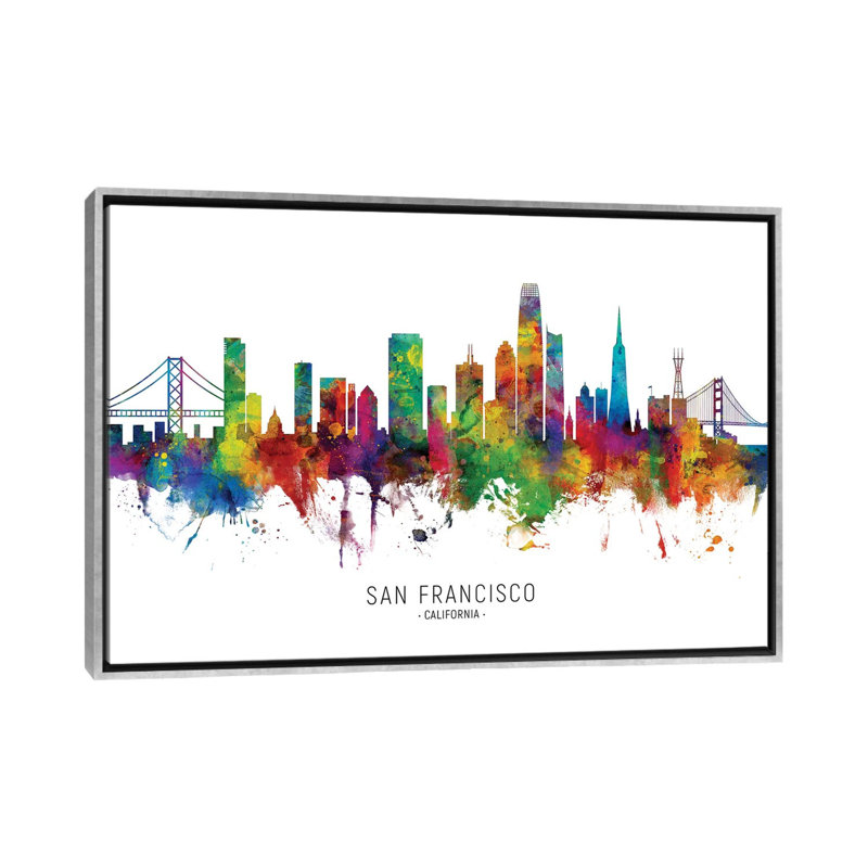 San Francisco California Skyline par Michael Tompsett-impression d’art graphique, Toile avec cadre argenté, Pas de tapis