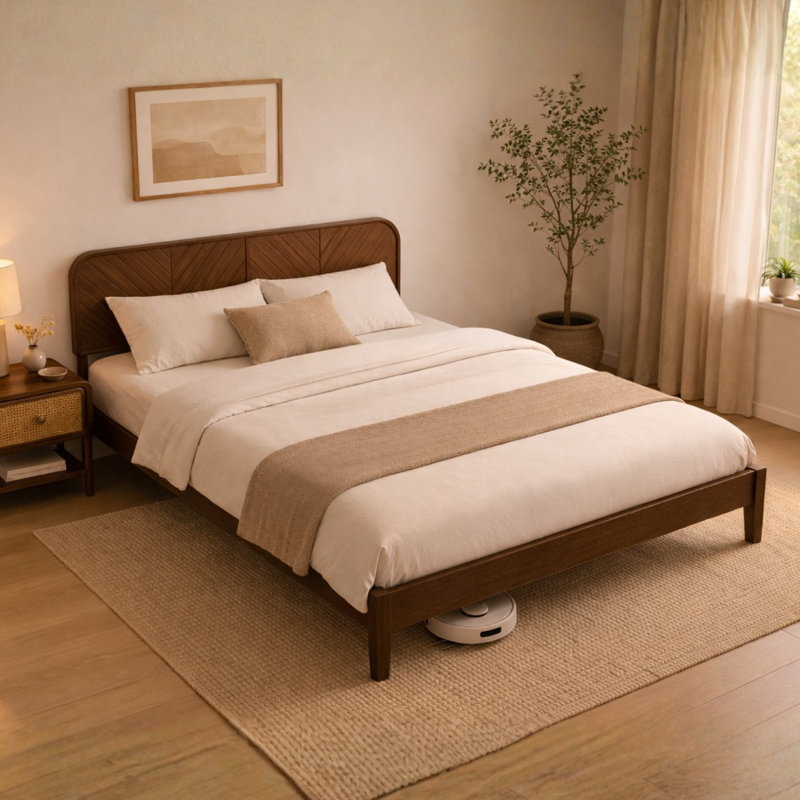 Woodmere Premium King Size Bed Frame with Symmetry Headboard, Solid Wood Platform Bed, Wood Slat Support, Tapered Solid Wood Legs, No Box Spring Needed, Mid-Century Modern Style (Honey)