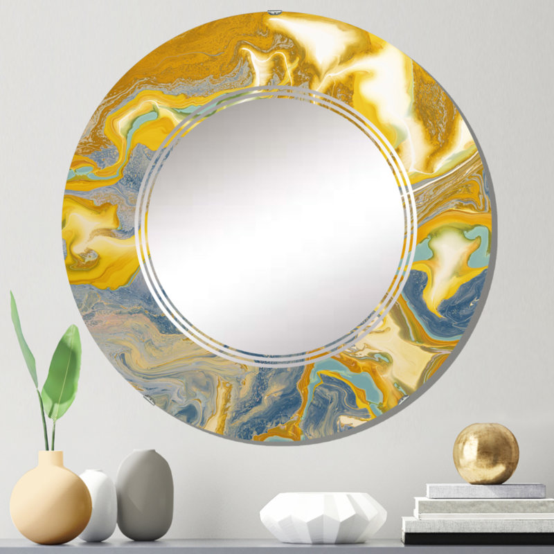 Jaune et bleu Marble Waves I - Miroir mural moderne, 24 po x 24 po