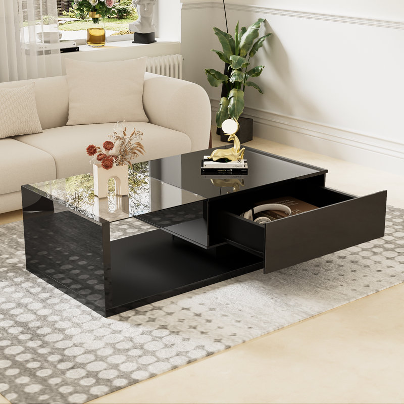 Omer Frame Coffee Table with Storage, Black Top/Black Base