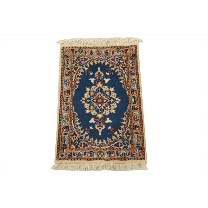 Tapis traditionnel noué à la main en laine bleue 1 pi 4 po x 1 pi Nain Nain