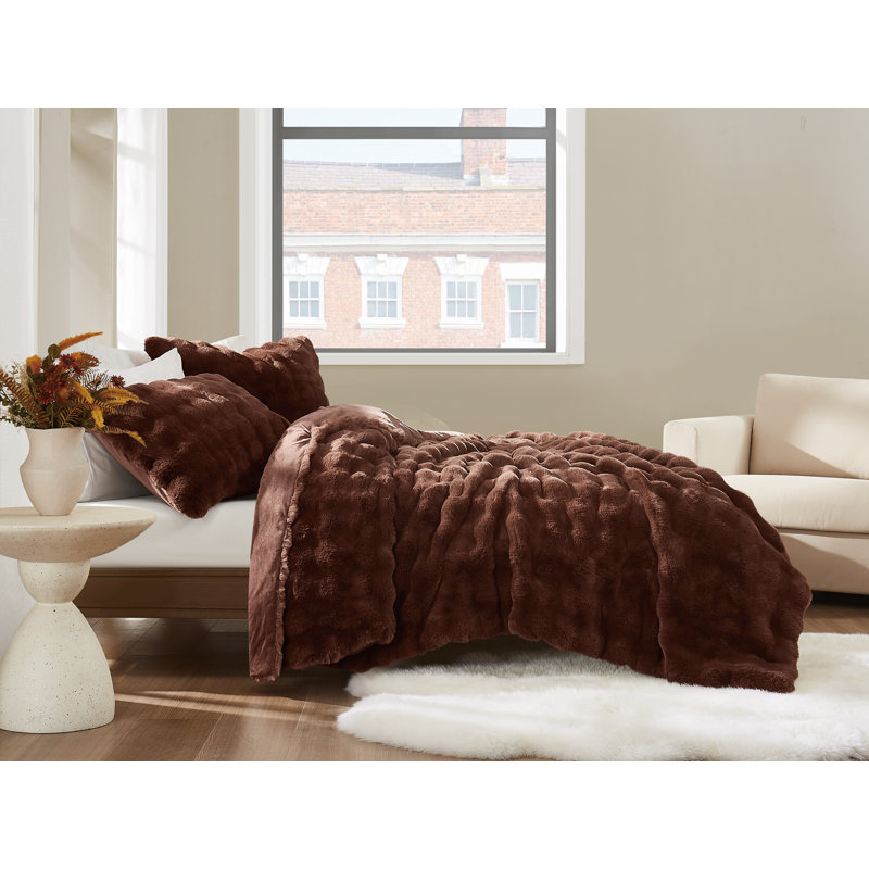 Brooklyn Loom Bubble Faux Fur Comforter Set, King Comforter + 2 Shams, Brown