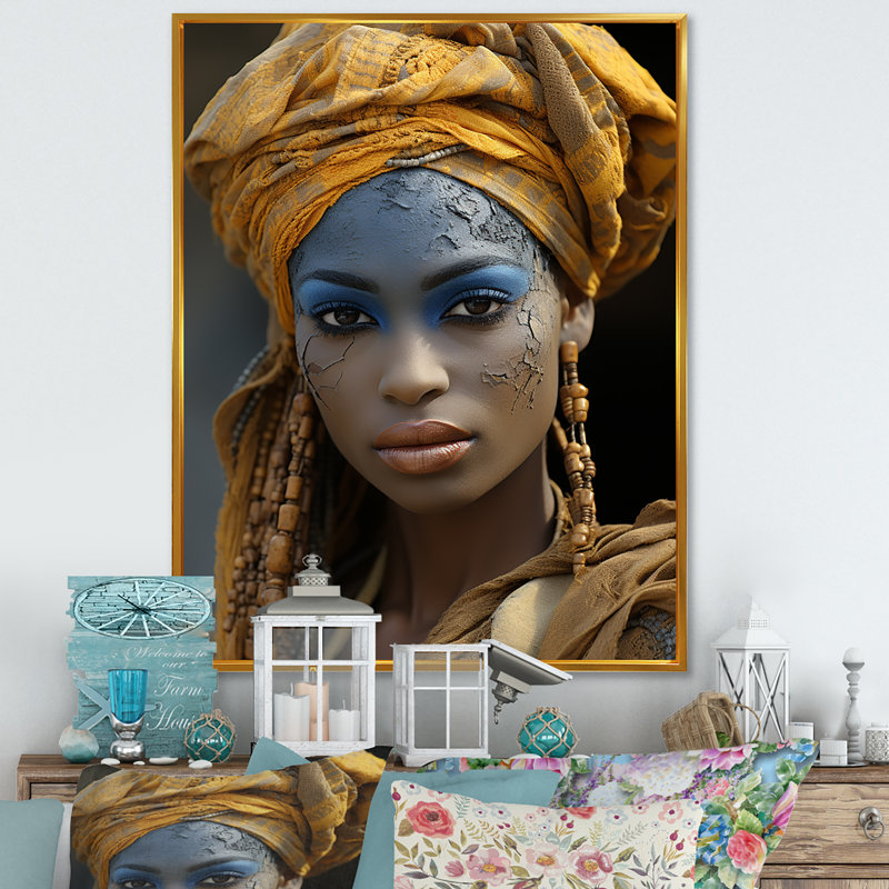 Femme jaune, portrait de mélodie touareg - art mural tribal africain, Cadre flottant doré, H 20 po x l 12 po x P 1 po