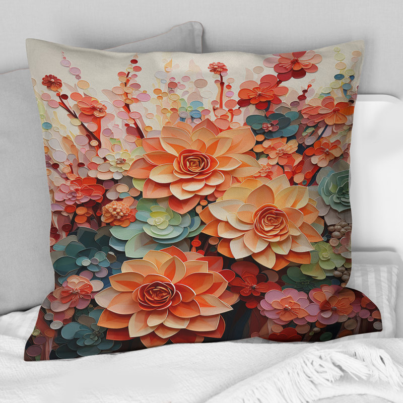 Coussin décoratif orange avec plantes grasses roses I