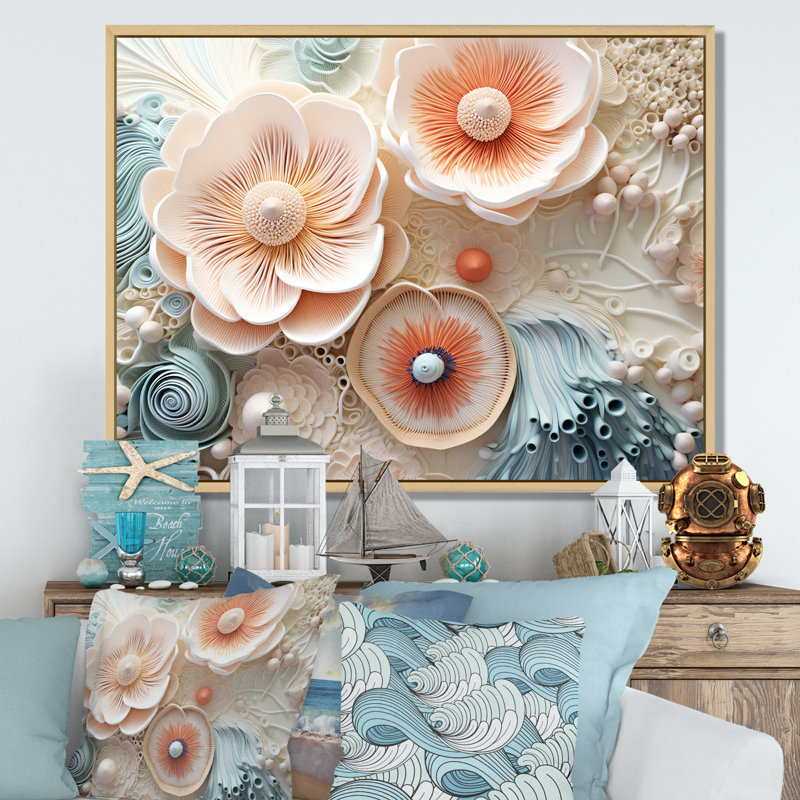 «Blue and White Coral Underwater Bouquet I - Coastal Coral Under Water», reproduction sur toile encadrée