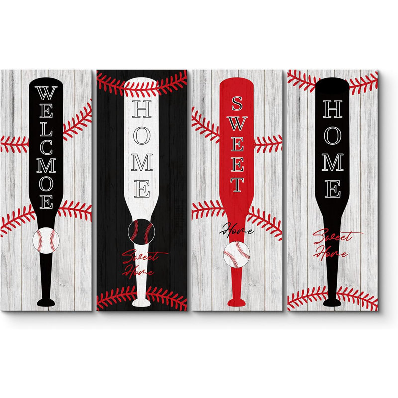 Sport Batte de baseball rouge et noire Sports Gym Athlètes Décoration de chambre de garçon campagne / campagne 4 pièces