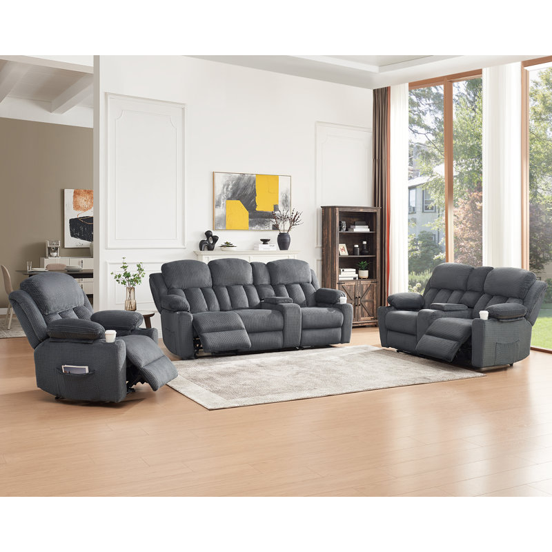 Canapé inclinable moderne, fauteuil confortable avec console, canapé modulaire inclinable 3 pièces avec porte-gobelet et prise de charge, canapés 3 places pour le salon