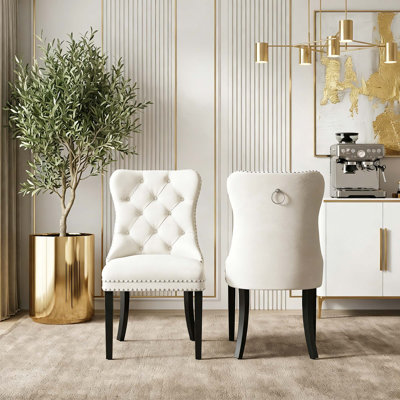 Ensemble 2 pièces de chaises de salle à manger en velours, avec anneau à tirer et garniture cloutée, pour la cuisine et la salle à manger, blanc