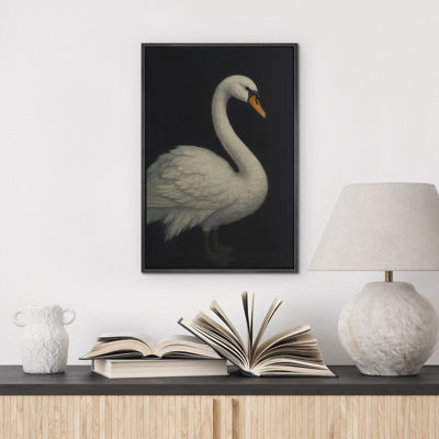Swan on Dark Background - Art Print, Framed Canvas Wall Art for Bedroom or Entryway, Minimalist Animal Decor in Classic Elegance