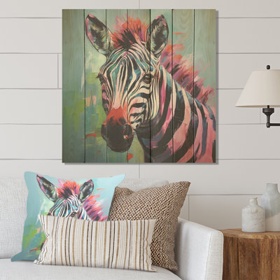 Pink And Green Boho Zebra III - Zebra Animal On Wood Print