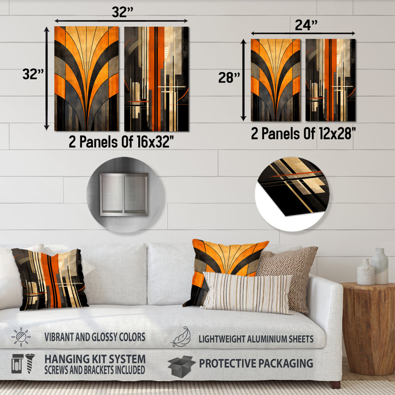 Ensemble de 2 vecteurs orange et gris - formes abstraites, art mural en métal, H 28 po x l 24 po