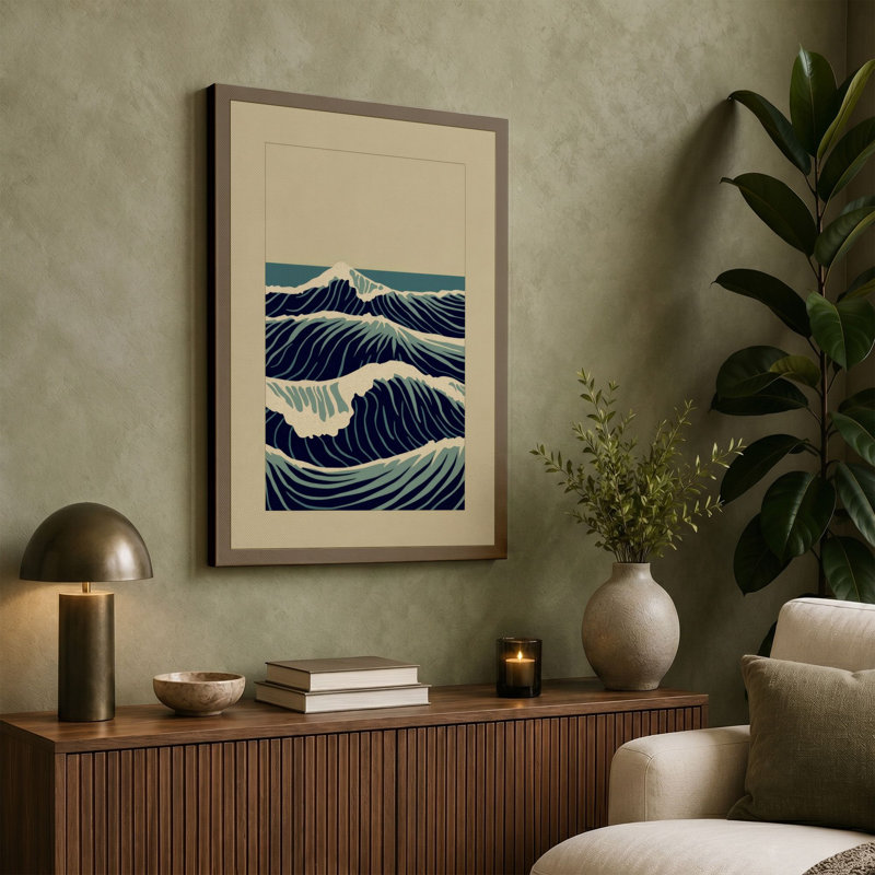 Mountain Meets Sea Japandi - Wrapped Canvas, 24x16 - 61.0 x 40.6 cm, Black Border