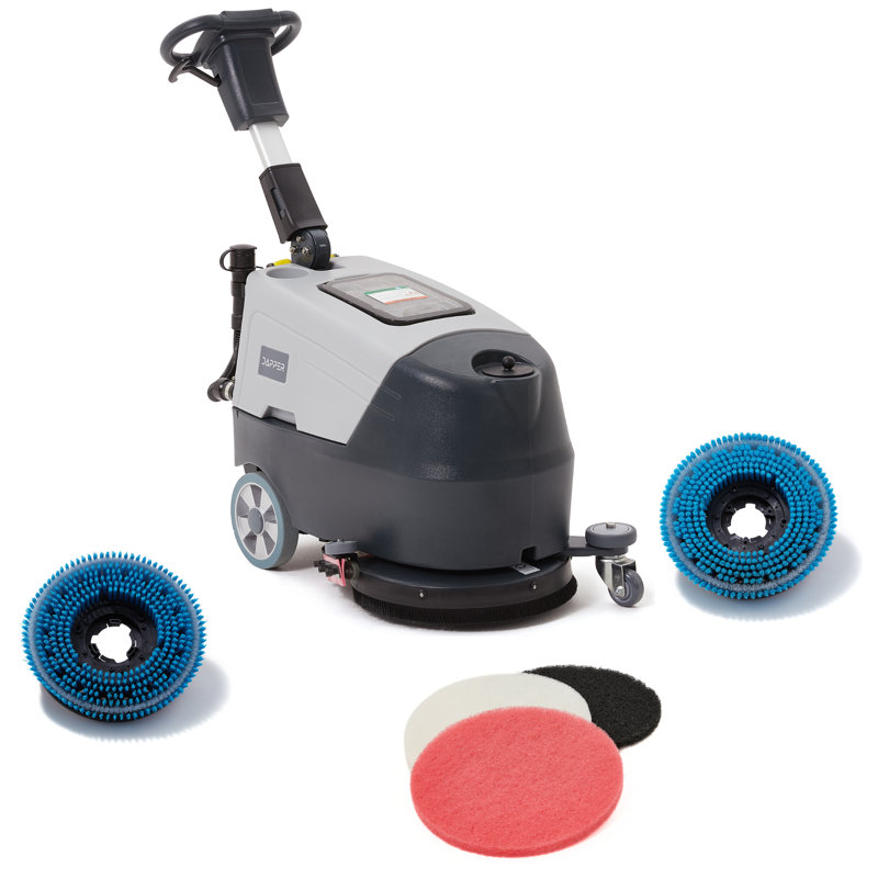 Machine à récurer à piles, brosse de 16 po, largeur de raclette de 21,5 po, réservoir de 6,5 gal, vitesse de brossage de 200 tr / min, avec 3 tampons à récurer