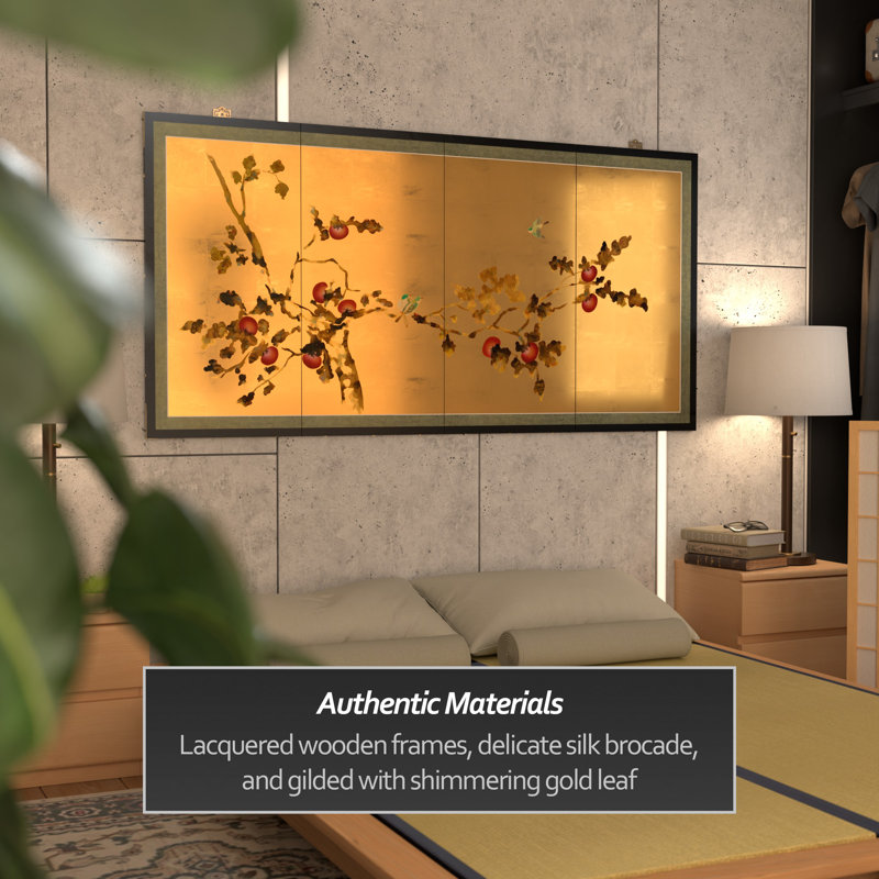 36" x 72" Gold Leaf Blossom 4 Panel Room Divider, 36" H x 72" W