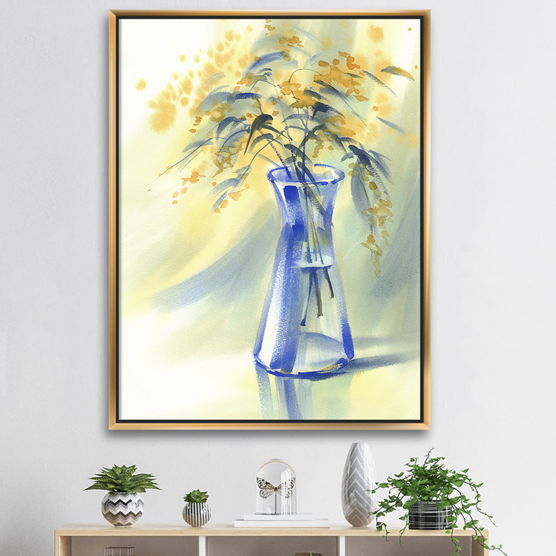 «Summer Flowers in Blue Glass Bottle», reproduction d'art sur toile, H 46 po x l 36 po x P 1,5 po, Toile encadrée d'or