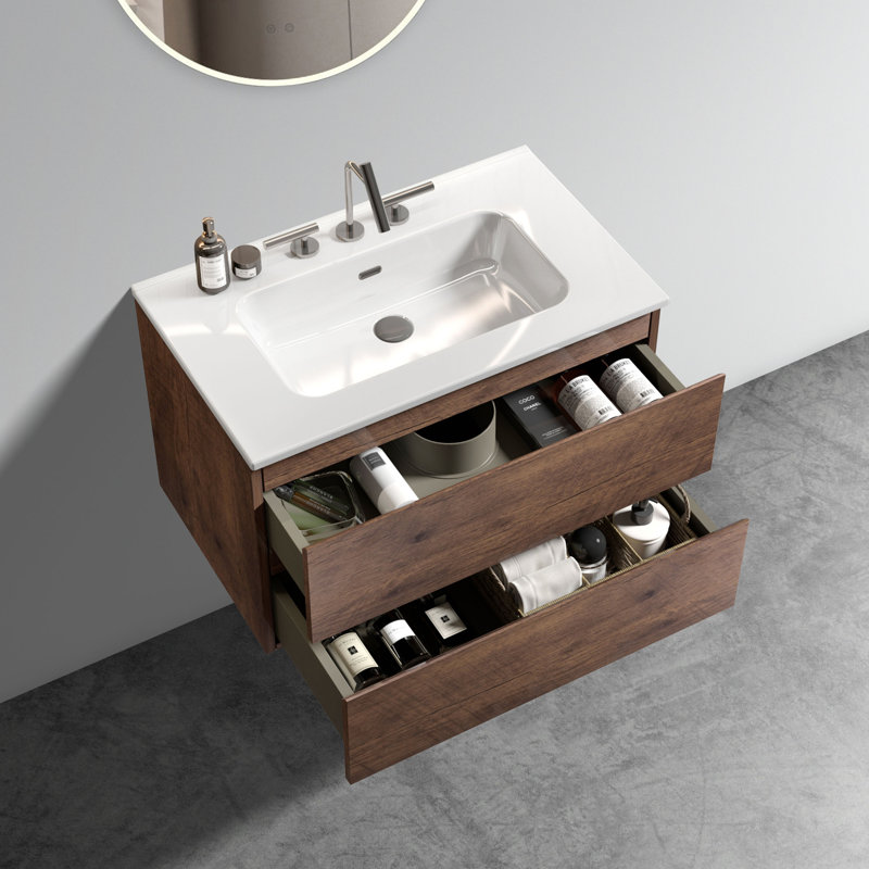 Meuble-lavabo mural en noyer de 30 po avec lavabo en céramique avec trois trous de robinet, grand meuble-lavabo flottant de rangement pour salle de bain moderne, lavabo une pièce sans drain, pré-assemblé