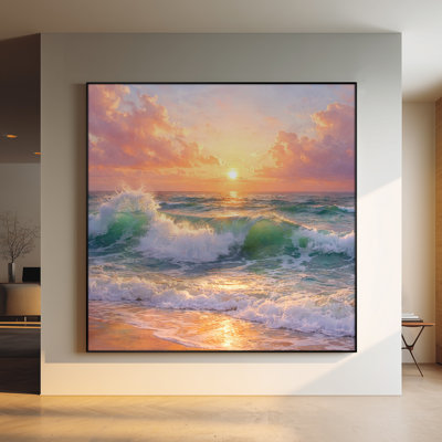 Très grande reproduction d'art sur tissu - Vagues océaniques vives au coucher du soleil avec reflet doré pour le salon - «Assemblage requis du cadre (cadre non fini)»