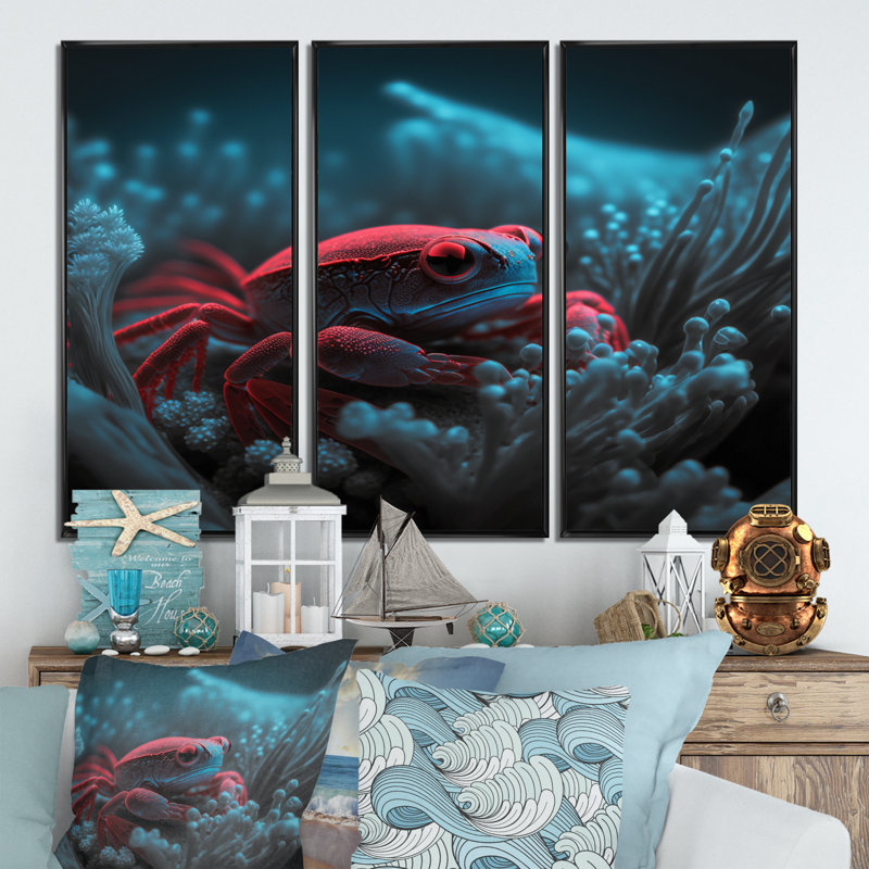 Crabe rouge dans des tons de noir et de bleu III - 3 pièces sur toile, H 28 po x l 36 po x P 1 po