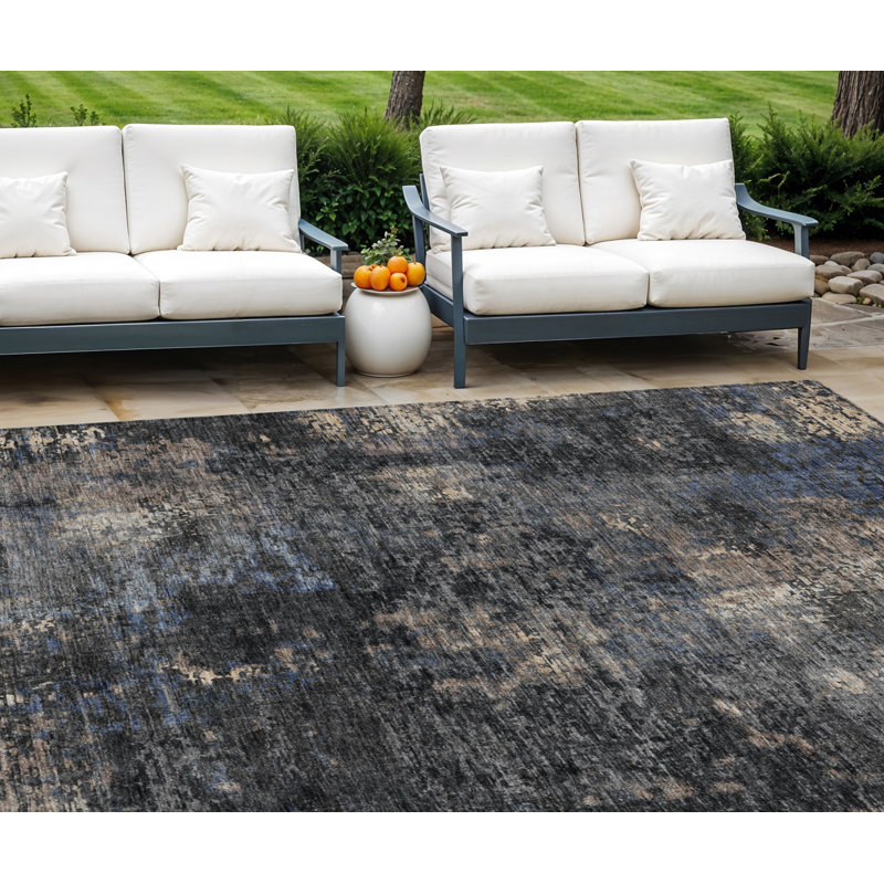 Tapis extérieur lavable abstrait gris anthracite et argent 9 pi x 12 pi