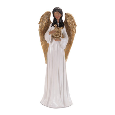 Angel Figurine with Harp and Gold Wings